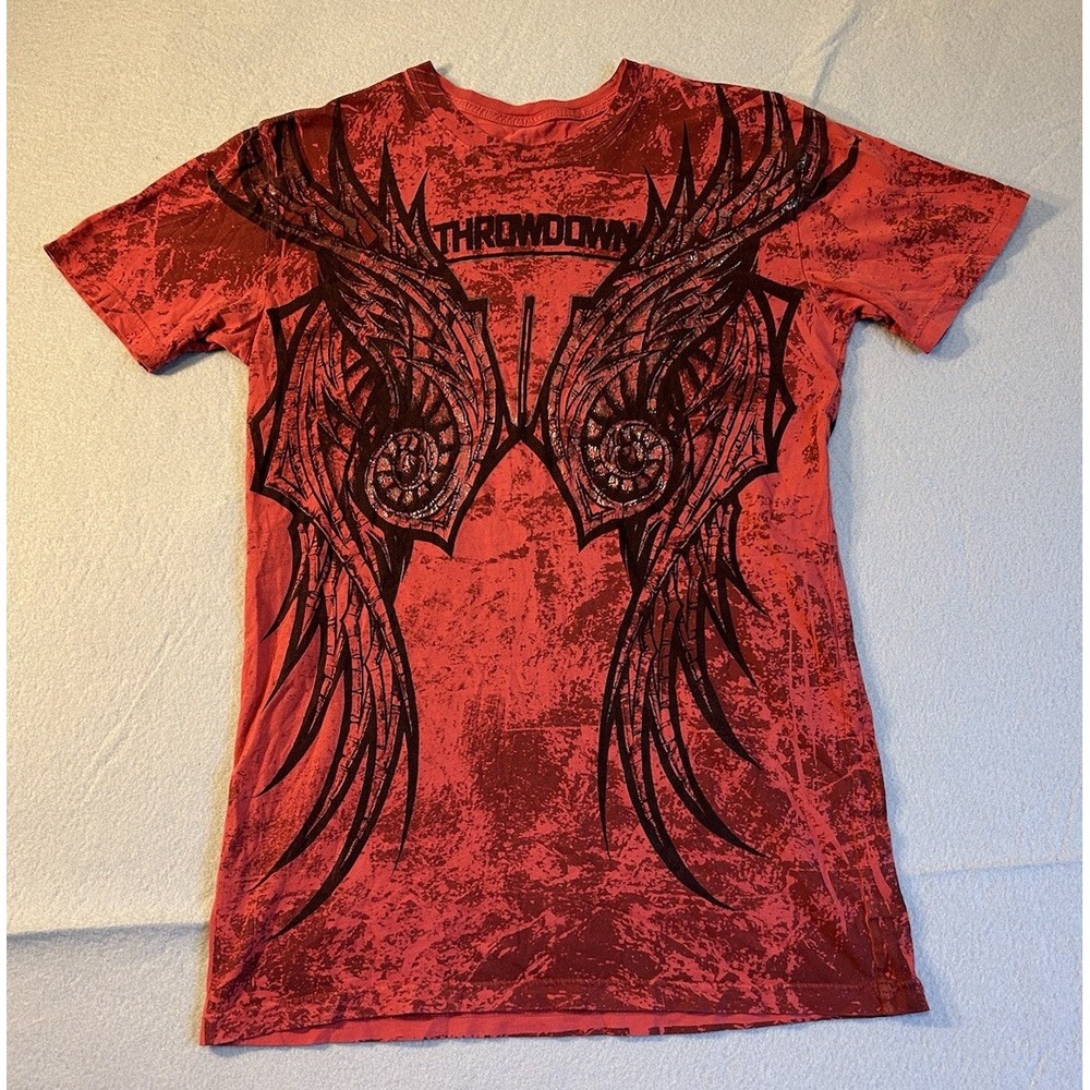 Vtg Throwdown Affliction Shirt Mens M Red MMA Grunge Wings Y2K AOP Both Side